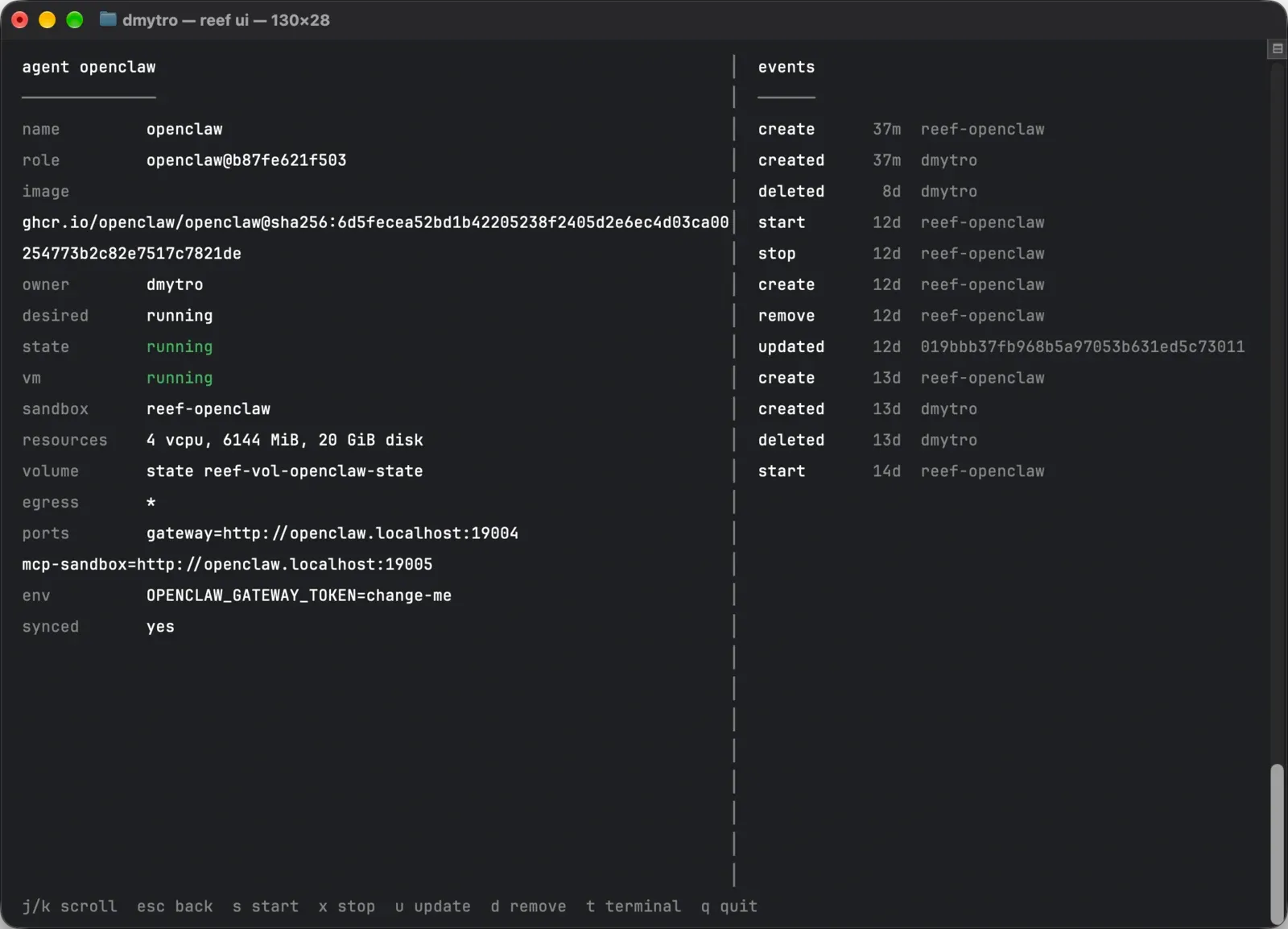 reef ui in a terminal showing one OpenClaw agent: role version, image, owner, running state, resources, volume, egress, ports and recent events.